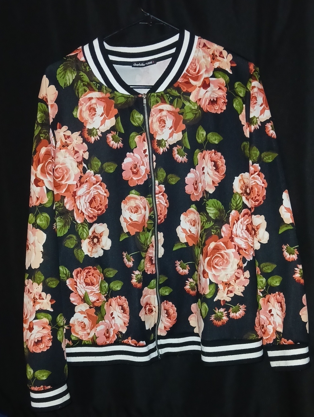Charlotte Russe Black Floral Bomber Jacket with Pink Roses